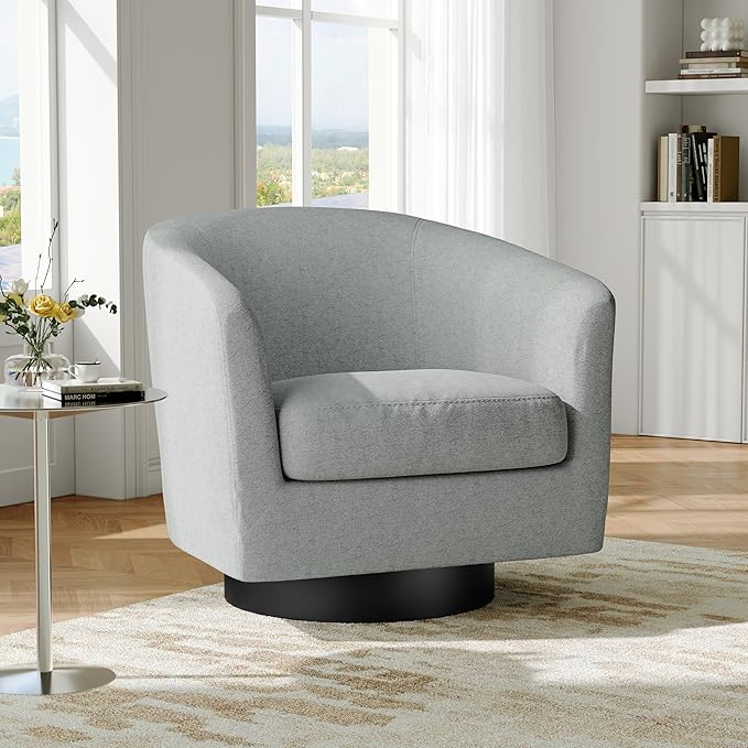Swivel Barrel Accent Chair, Modern Round Chenille Fabric Arm Chair for Living Room, Bedroom, Comfy Club Reading Chairs for Adults（Chenille Fabric, Light Grey, Set of 2