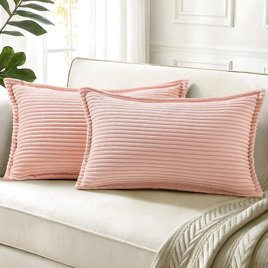 decorUhome Corduroy Pink Throw Pillow Covers 12x20 Set of 2 Decorative Soft Boho Striped Lumbar Neutral Euro Farmhouse Couch Pillow Covers with Broadside for Living Room Bed Sofa