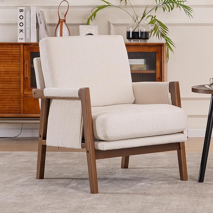 Mid Century Modern Accent Chair with Wood Frame, Upholstered Living Room Chairs with Wide Armrest, Chenille Fabric Comfy Arm Chair for Bedroom, Reading Room, Balcony, Beige