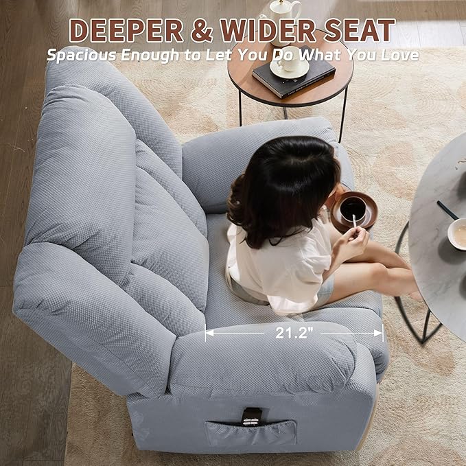 Oversized Dual Motor Power Lift Recliner for Adults, Electric Lift Chair with Heating and Massage, Waffle Fabric Electric Recliner Chair with Side Pockets, Wide Recliner for Living Room