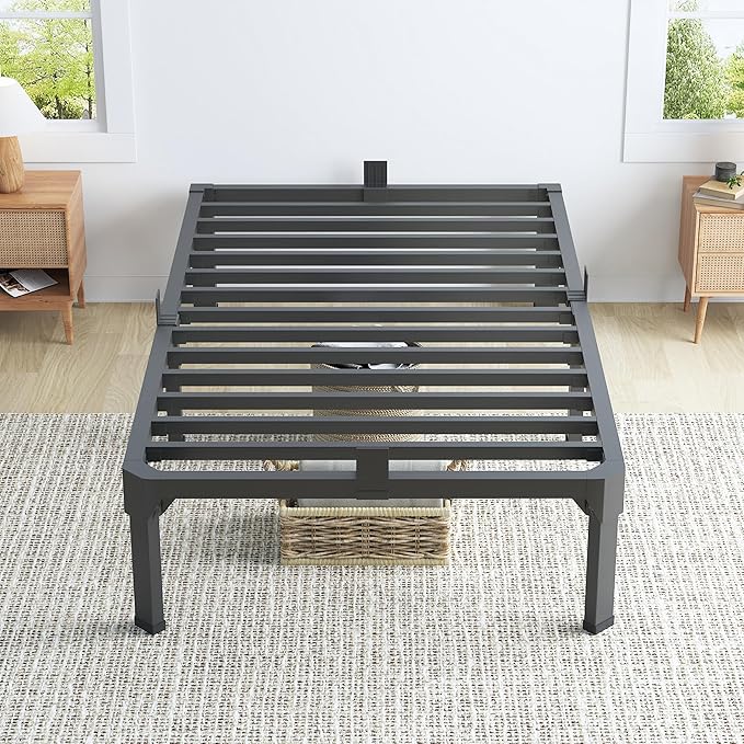 Twin Bed Frame with Mattress Slide Stopper, 14 Inch Metal Platform Bed Frame, Heavy Duty Tall Bed Frame No Box Spring Needed with Large Storage Space, Easy Assembly, Noise Free