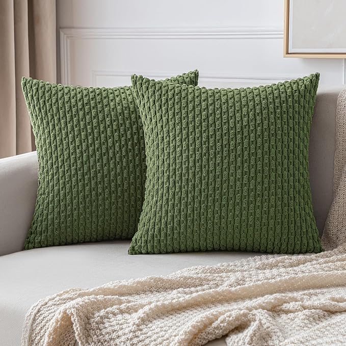 MIULEE Throw Pillow Covers Soft Corduroy Decorative Set of 2 Boho Striped Pillow Covers Pillowcases Farmhouse Home Decor for Couch Bed Sofa Living Room Spring 16x16 Inch Moss Green