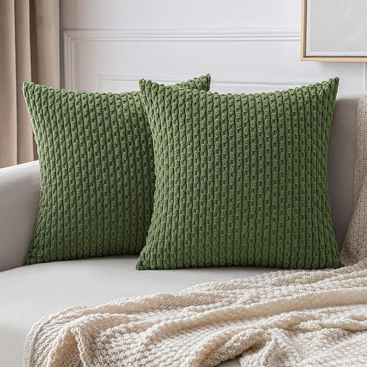 MIULEE Throw Pillow Covers Soft Corduroy Decorative Set of 2 Boho Striped Pillow Covers Pillowcases Farmhouse Home Decor for Couch Bed Sofa Living Room Spring 16x16 Inch Moss Green