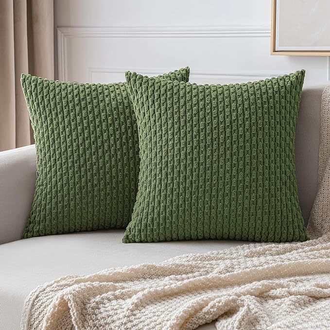 MIULEE Throw Pillow Covers Soft Corduroy Decorative Set of 2 Boho Striped Pillow Covers Pillowcases Farmhouse Home Decor for Couch Bed Sofa Living Room Spring 20x20 Inch Moss Green