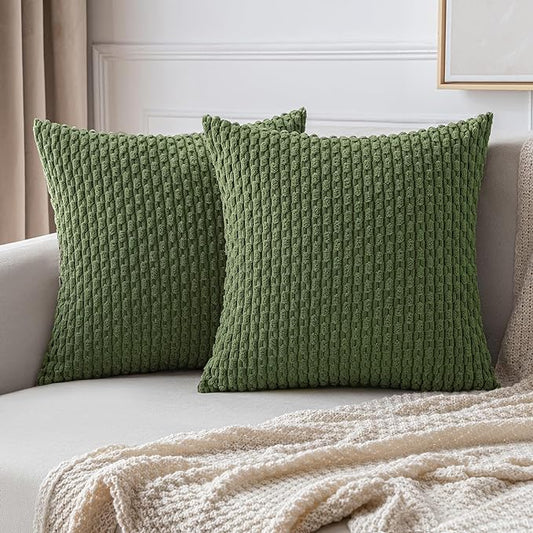 MIULEE Throw Pillow Covers Soft Corduroy Decorative Set of 2 Boho Striped Pillow Covers Pillowcases Farmhouse Home Decor for Couch Bed Sofa Living Room Spring 20x20 Inch Moss Green