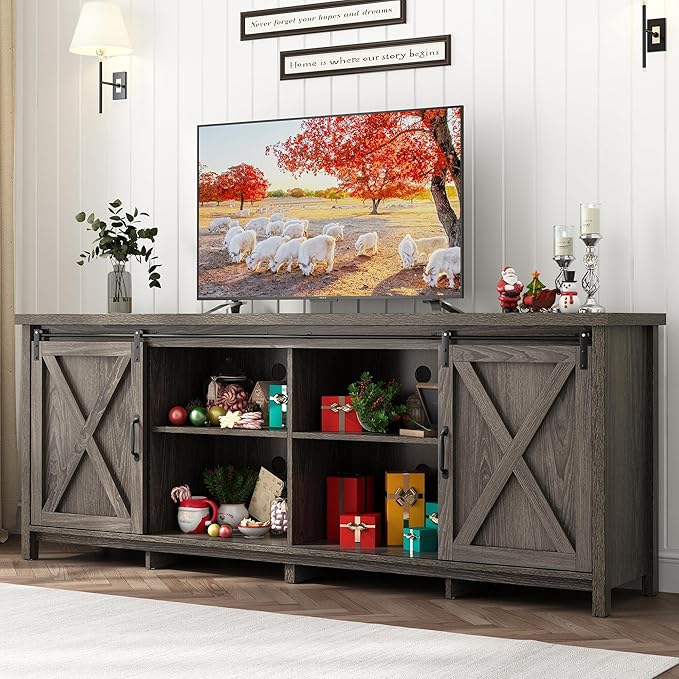 70In Farmhouse TV Stands for 70 75 80inch TV w/Adjustable Shelves,Sliding Barn Door.Rustic Wooden Entertainment Center,TV Console Grey Cabinet w/Storage for Bedroom Living Room(Dark Grey 70in)