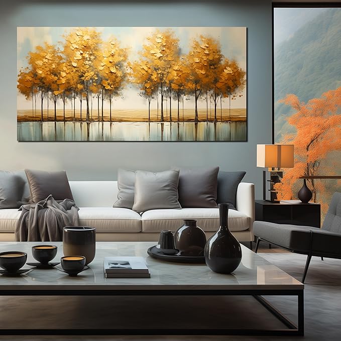 Large Canvas Painting Yellow Forest Theme Decorative Painting with Frame Can be Directly Hanging Wall Decorative Painting for Living Room Bedroom Office Room Decor Painting Artwork Size 30x60