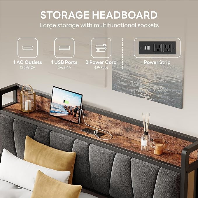 LIKIMIO Full XL Bed Frame, Storage Headboard with Charging Station, Solid and Stable, Noise Free, No Box Spring Needed, Easy Assembly