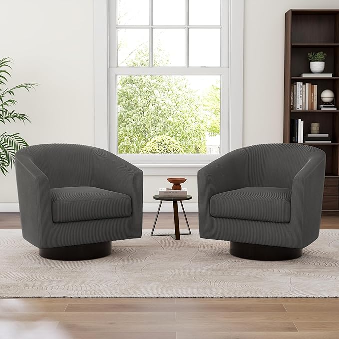 UIXE Swivel Accent Chairs Set of 2, Corduroy Barrel Club Chair Upholstered Armchair for Living Room, Round Arm Chair Bedroom Single Sofa Reading Seat - Gray
