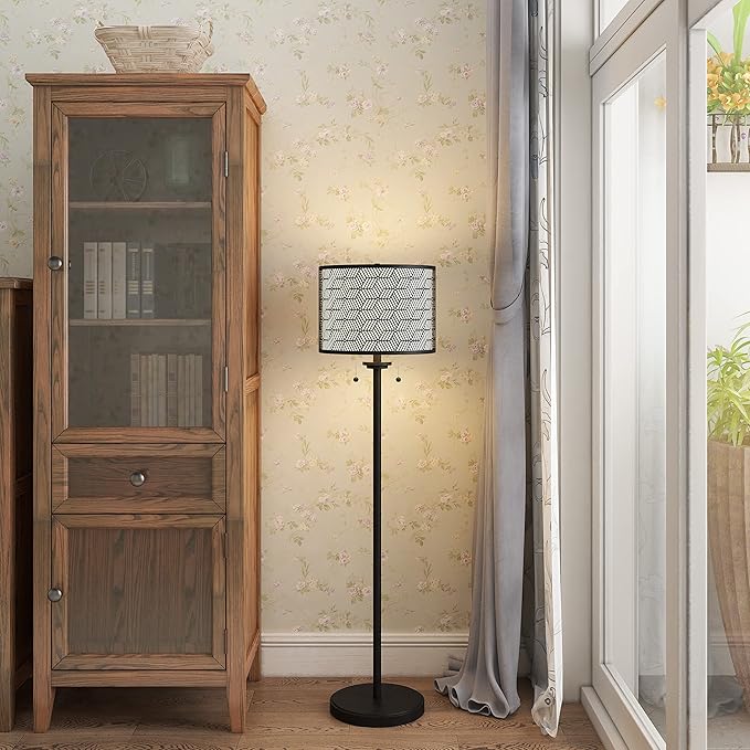 Inlight 59" High Double Shade Pull Chain Modern Floor Lamp for Living Room, Black Metal Frame and White Fabric Shade, Bulb Not Included, IN-0857-2-BK