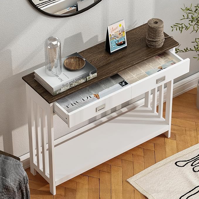 ChooChoo Farmhouse Console Table with Drawer, Mission Narrow Entryway Sofa Table with Storage, for Entryway, Living Room and Hallway, Soft White and Brown