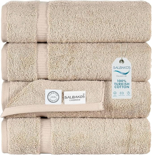 SALBAKOS 100% Turkish Cotton Bath Towel Set of 4 27x54 inch | Heirloom Quality | Hotel & Spa Collection | Ultra Soft, Super Absorbent, Long Lasting Bath Towels | Made in Turkey (Taupe, 4 Bath Towels)