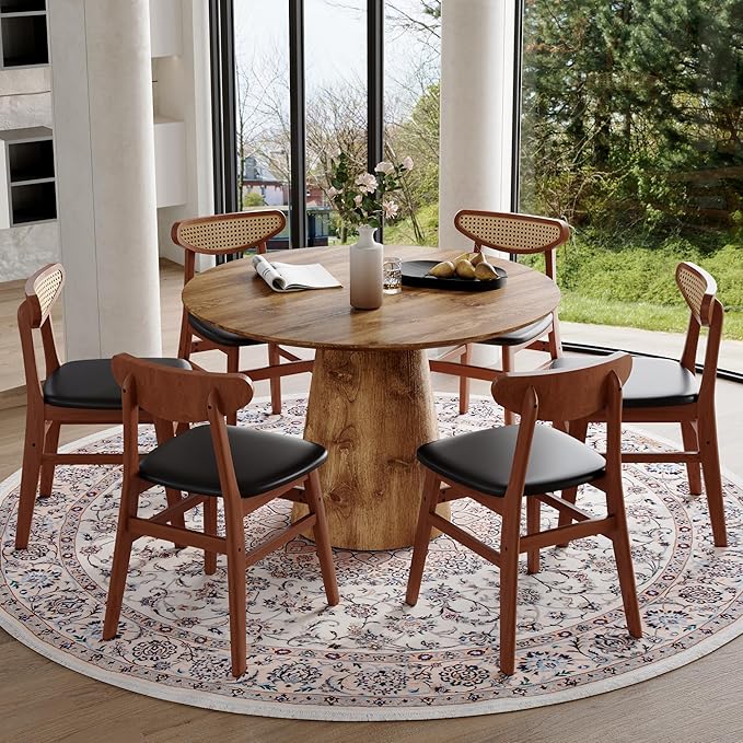 45 Inch Round Dining Table Set for 6, 7 Piece Kitchen Table and Chairs Set, Wooden Table with Light Walnut Finish, Small Space Dining Set for Apartment or Dining Room