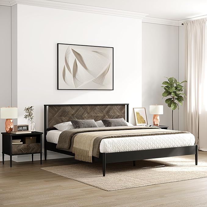 Lenia 14-Inch King Size Platform Bed Frame with Headboard – Heavy Duty Acacia Wood, Mid-Century Modern Style, 12 Strong Slats, No Box Spring Needed, Noise-Free, Easy Assembly, Mocha Black Finish