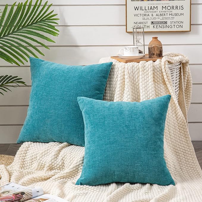 GAWAMAY Decorative Chenille Throw Pillow Covers 26x26 Inch Pack of 2, Soft Square Couch Pillow Cover for Sofa Cushion Living Room Bedroom Solid Dyed Oversized Pillowcases Teal 66x66cm (ONLY Covers)