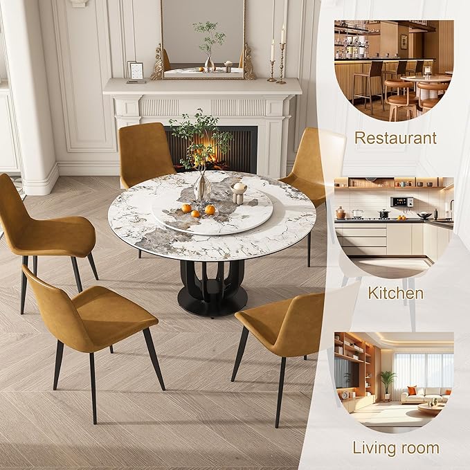 Dining Table Set with 8 Chairs, 53" Round Modern Marble Dining Table with Lazy Susan, Sintered Stone Top for Kitchen, Dining Room, Dinette
