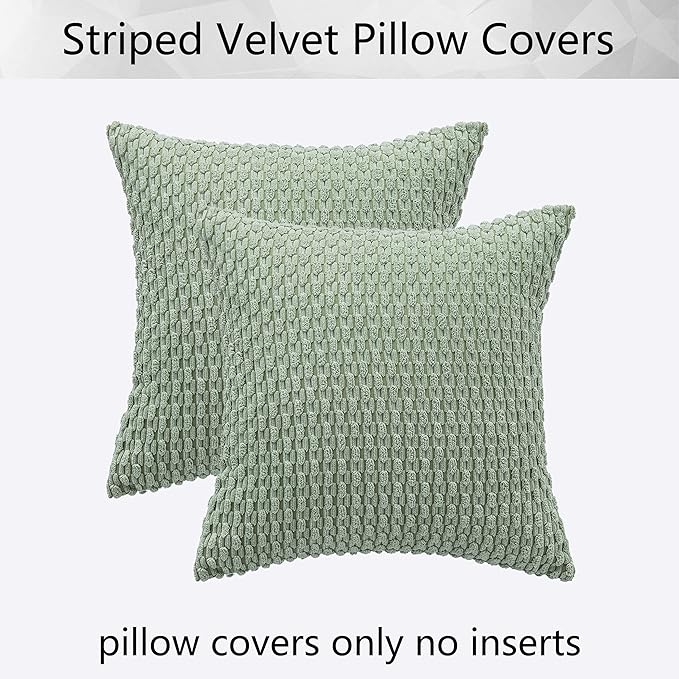 Kevin Textile Pack of 2 Corduroy Decorative Throw Pillow Covers 22x22 Inch Spring Soft Boho Striped Pillow Covers Modern Farmhouse Home Decor for Spring Sofa Living Room Couch Bed Sage Green
