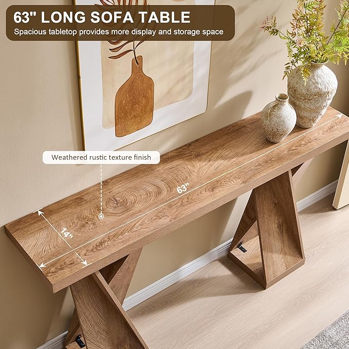 OKD Modern Entryway Table, 63" Twisted Console Table with Wood Pedestal, Farmhouse Sofa Table with Storage, Rustic Entry Table Tor Living Room, Entryway, Hallway, Light Tree Knot