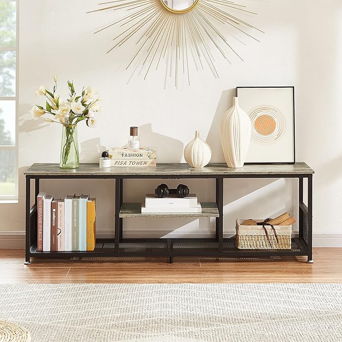 VECELO Industrial TV Stand for Televisions up to 65 Inch, 55" Entertainment Center with Open Storage Shelves for Living Room/Bedroom, 3 Tiers Media Console Table with Metal Frame, Grey, 55 Inches