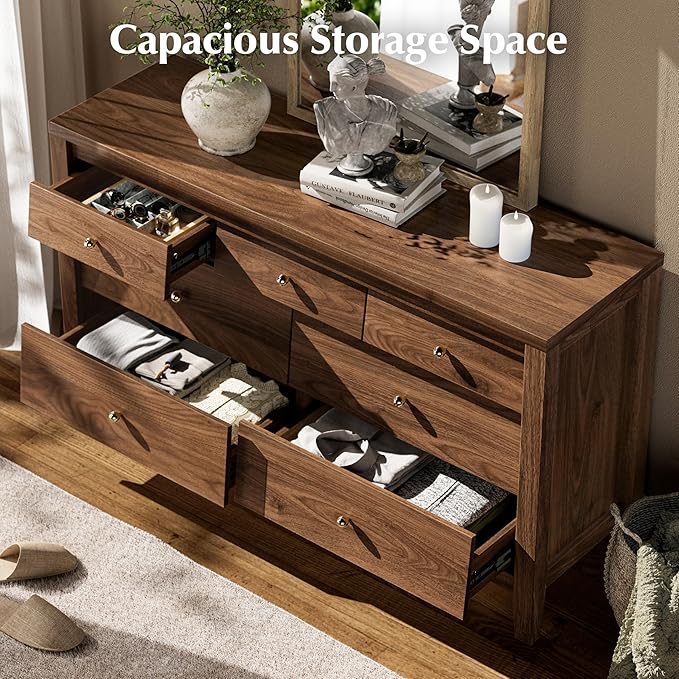 7 Drawers Dresser with Beveled Panel, Farmhouse Chest of Dressers for Bedroom, Wood Dresser TV Stand, Drawer Organizer for Bedroom, Living Room, Hallway, Walnut