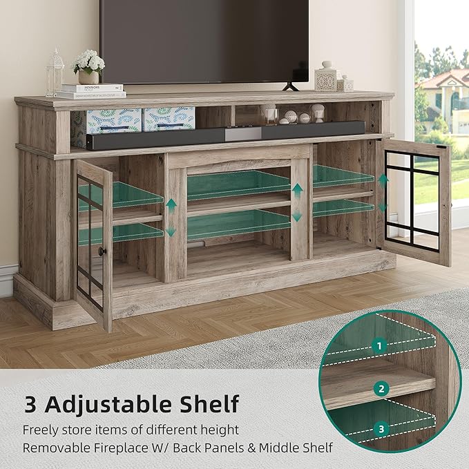 YITAHOME Modern TV Stand for 75 Inch TV, LED Entertainment Center with Adjustable Shelves and Glass Doors, 32'' Tall Television Stands TV Media Console Table for Living Room, Pine Grey