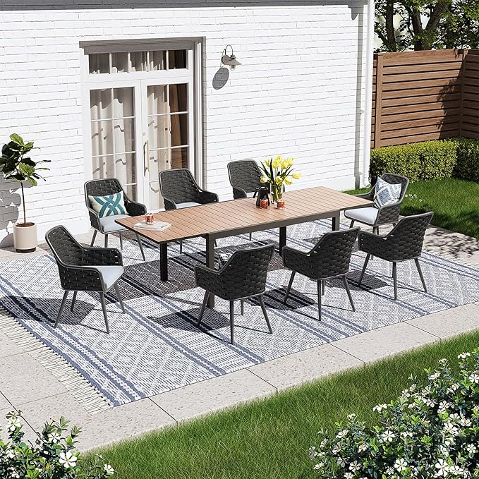 SUNSITT 9-Piece Outdoor Patio Dining Set, 63" - 105" Aluminum Expandable Outdoor Dining Table Set for 8, 8 Woven Rope Chairs with Gray Removable Cushions