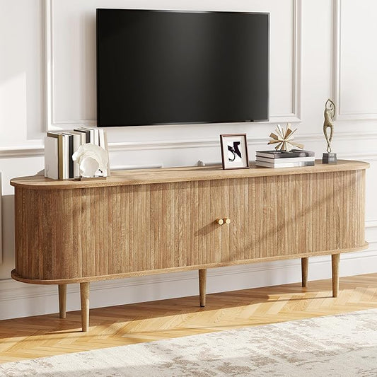 AMERLIFE 70" TV Stand with Solid Wood Legs, Mid Century Modern TV Console with Tambour Door for 80-inch TV, Dust-Proof Storage Cabinet for Living Room, Natural Oak