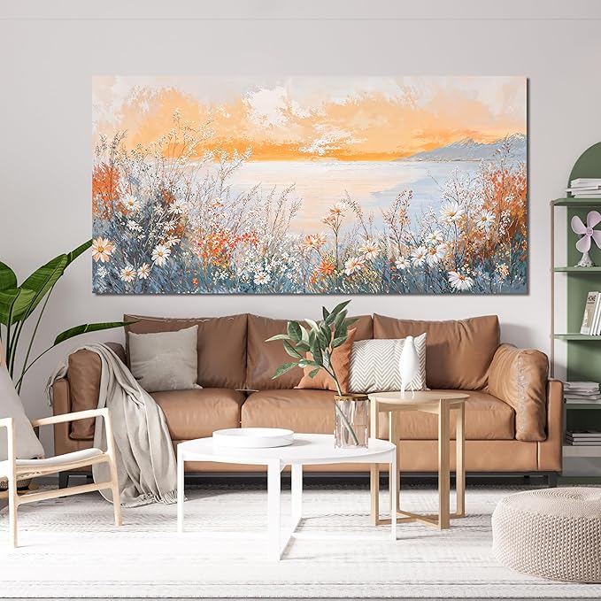 Canvas Wall Art Decor Wall Art Pictures for Living Room Artwork for Walls Large Coastal Beach Wall Art Prints Canvas Art Wall Decor Vintage Wildflower Wall Art Decorations Bedroom Home Decor 24"X48"