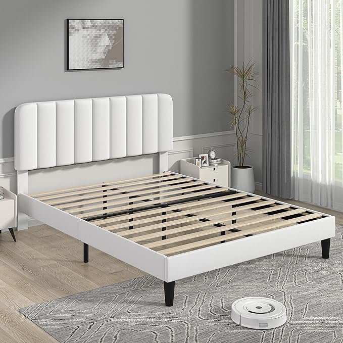 VECELO Full Size Bed Frame with Upholstered Headboard, Velvet Platform Bedframe Mattress Foundation, Strong Wood Slat Support, No Box Spring Needed,White