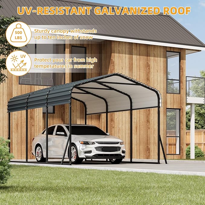 10 x 15 FT Metal Carport with Galvanized Steel Roof, Heavy Duty Metal Roof Carport with Enhanced Base, Tall Kits Garage for Tractors, Trucks, Boats, Cars