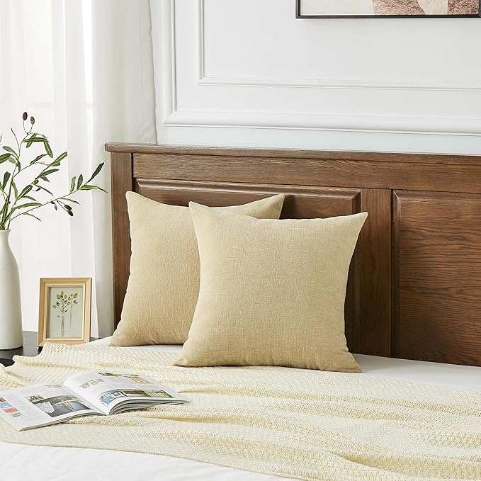 GAWAMAY Decorative Square Throw Pillow Covers 22x22 Inch Set of 2, Super Soft Chenille Pillows Farmhouse Fall Pillowcase for Living Room Bedroom Sofa Couch Cushion Cover Khaki 55x55cm (No Insert)