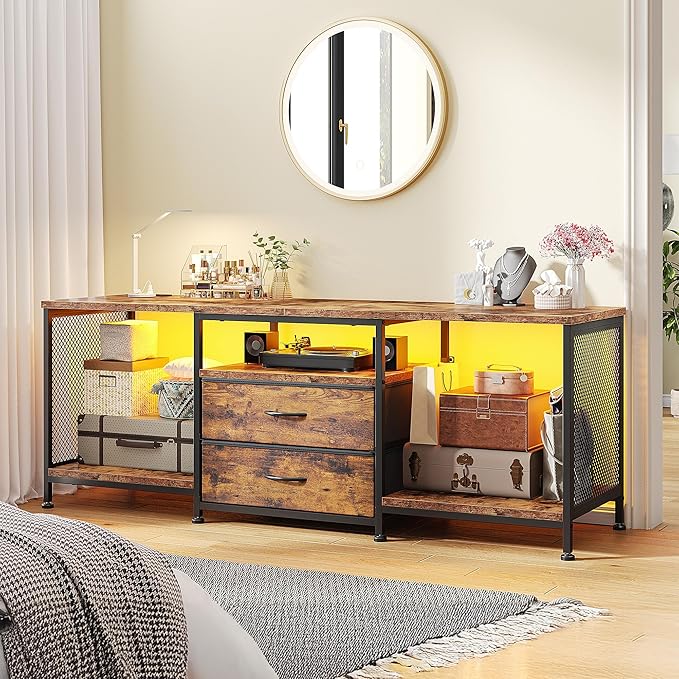 55" W TV Stand for Bedroom with LED Lights & Power Outlets Dresser TV Stand with 2 Drawers for 65" TV with Open Storage Shelves