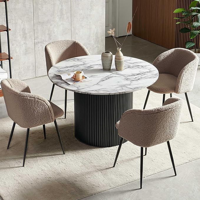 47" Round Kitchen Dining Table Set for 4, Two-Part White Marble Tabletop with Wood Strips, Industrial Home Kitchen Table Set with Brown Sherpa Barrel Dining Accent Side Chairs Comfy