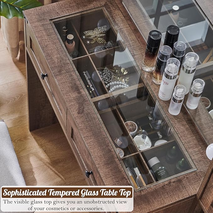 Farmhouse Vanity Desk with Mirror and Lights, 43" Wide Makeup Vanity with Glass Tabletop and Charging Station, Modern Vanity Table Set with Storage and Stool for Bedroom, Light Brown