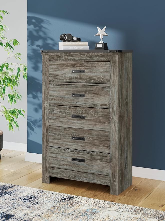 Signature Design by Ashley Frandern Vintage 5-Drawer Chest with Easy Glide and Safety Stop for Bedroom, Gray