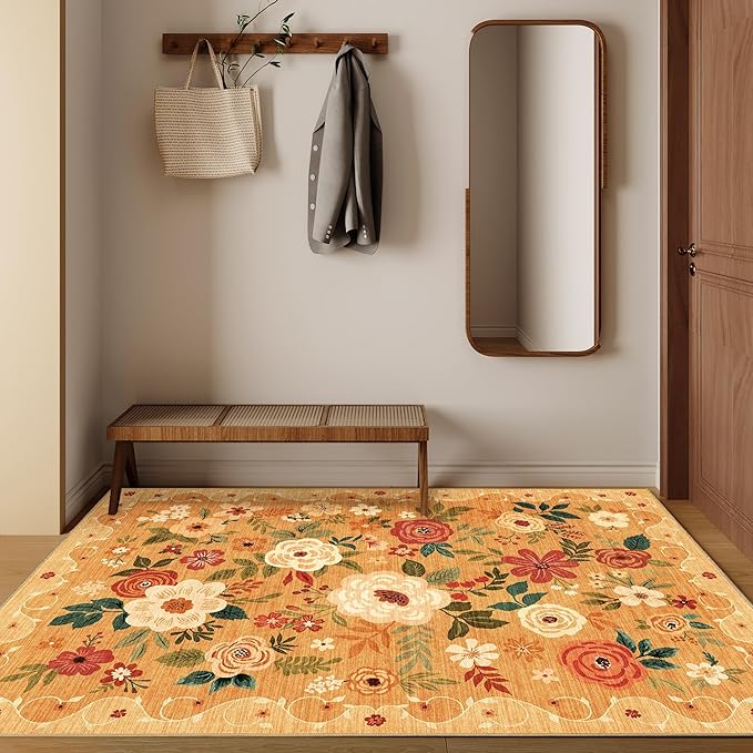 DUKINO 3x5 Area Rug, Floral Rugs for Living Room, Lightweight Non Slip Washable Rug, Indoor Low Pile & Non-Shedding Boho Design Rugs for Bedroom, Living Room, Dining Room, Orange