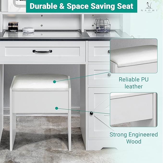 Naomi Home Vanya 47" Makeup Vanity with Sliding Mirror and Lights Farmhouse Vanity Table with 5 Drawers 2 cabinets Visible Glass top and 3 Color Lighting Modes Charging Station with Stool