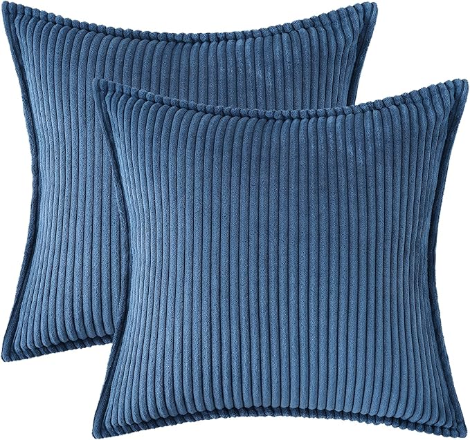 Mecatny Corduroy Throw Pillow Covers 26x26 Set of 2, Neutral Decorative Soft Boho Couch Pillow Covers with Broadside for Sofa Living Room, Navy