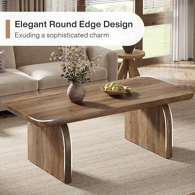 Tribesigns Farmhouse Coffee Table for Living Room, 47-Inch Mid-Century Rectangle Center Table with Rounded Corners, Modern Low Large Cocktail Tea Furniture, Easy Assembly