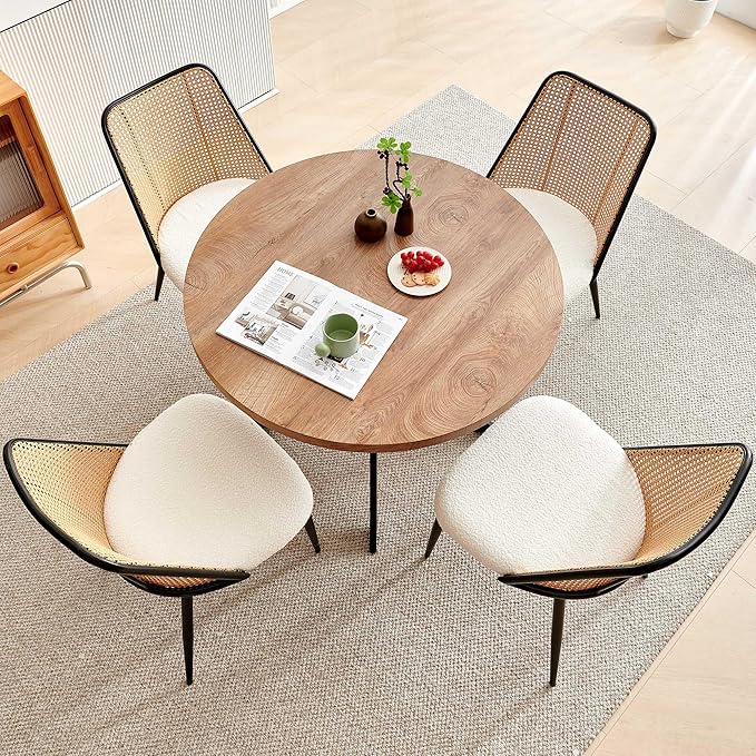 NORDICANA Dining Table Set for 4, Wooden Round Table and Wicker Chairs, 5-Piece Modern Kitchen Dinette Set for Breakfast Nook, Beige Boucle Seat