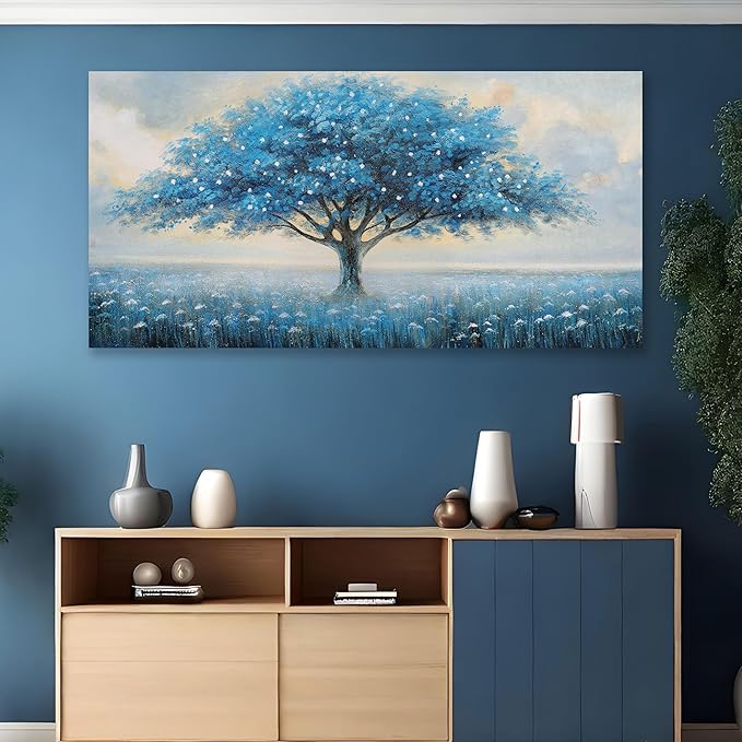 Glvzygy Blue Tree of Life Wall Art Abstract Modern Artwork Canvas Painting Textured Tree Pictures Wall Decor Home Decor Wall Ready to Hang for Bedroom Living Room Size 20"x40"
