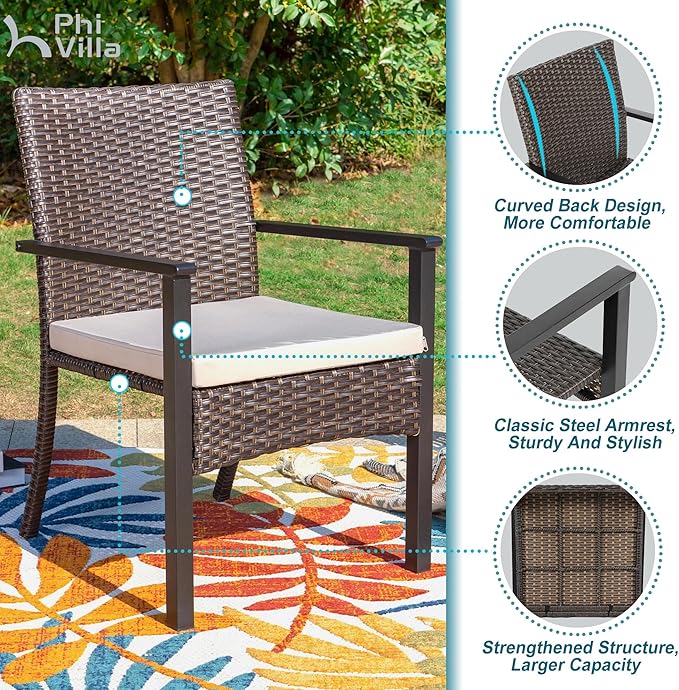 PHI VILLA 5 Piece Outdoor Dining Set for 4, 37" Wood Top Metal Dining Table & 4 Cushioned Rattan Wicker Chairs for Patio, Deck, Yard, Porch