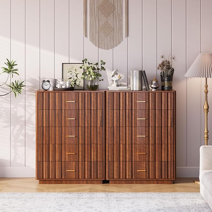 Fluted 5 Drawers Dresser for Bedroom, Wooden Tall Storage Dresser TV Stand, Curved Profile Modern Chest of Drawers, Wood Closet Clothes Storage Organizer for Living Room Hallway,Walnut 2 Sets