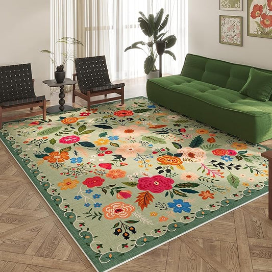 Area Rugs 9x12 Living Room Clearance Washable Boho Rug Non Slip Floral Vintage Low Pile Large Rug for Living Room, Bedroom, Farmhouse, Dining Room, Kids Playroom(Green)