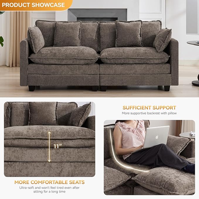 76'' Cloud Deep Seat Loveseat, Upholstered Chenille Modular 2-Seats Sectional Sofa Couch, Modern Comfy Settee Loveseat for Living Room Set, Small Apartment, Brown