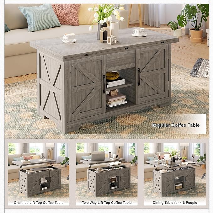Lift Top Coffee Table with Storage, 4 in 1 Multi-Function Convertible Tea Tables with Hidden Compartment, Farmhouse Center Table Converts to Dining Table for Living Room, Grey