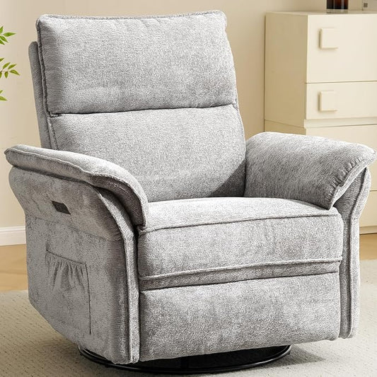 Oversized Power Recliner Chairs for Adults with Massage and Heat, Power Swivel Rocker Recliner Chair with Adjustable Headrest, 26" Extra Wide Rocker Nursery Recliner with USB Port, Light Grey
