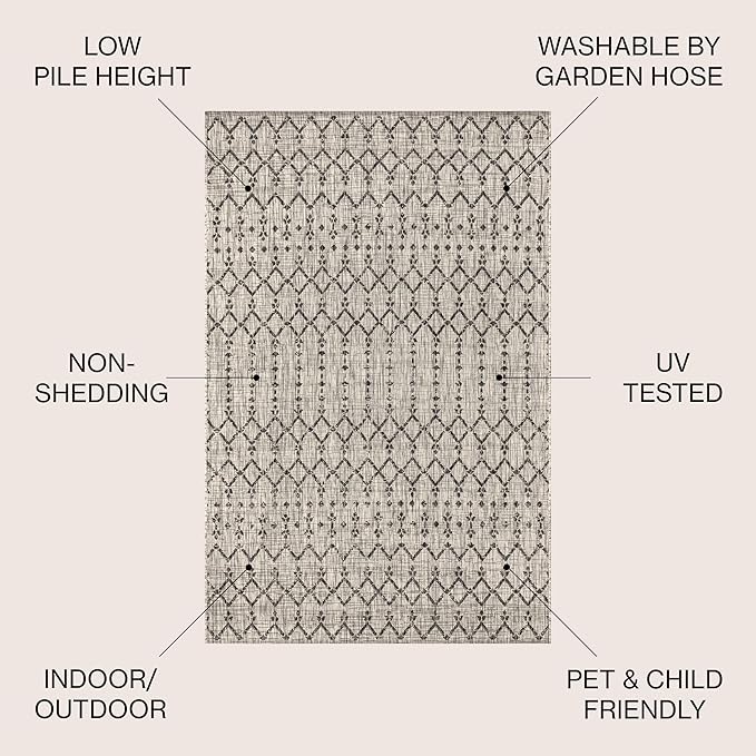 JONATHAN Y SMB108E-8SQ Ourika Moroccan Geometric Textured Weave Indoor/Outdoor Area Rug, Bohemian, Scandinavian for Bedroom, Kitchen, Living Room, Easy-Cleaning, Light Gray/Black, 8' Square