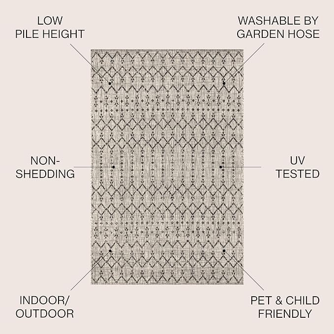JONATHAN Y SMB108E-9SQ Ourika Moroccan Geometric Textured Weave Indoor/Outdoor Area Rug, Bohemian, Scandinavian for Bedroom, Kitchen, Living Room, Easy-Cleaning, Light Gray/Black, 9' Square
