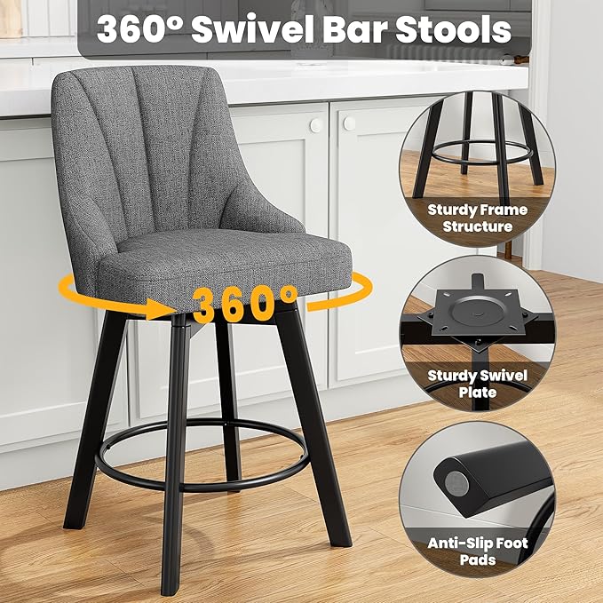 Swivel Bar Stools with Backs, 24" Counter Height Bar Stools, Fabric Upholstered Counter Barstools with Solid Wood Legs for Kitchen Island, Home Bar, Dark Gray